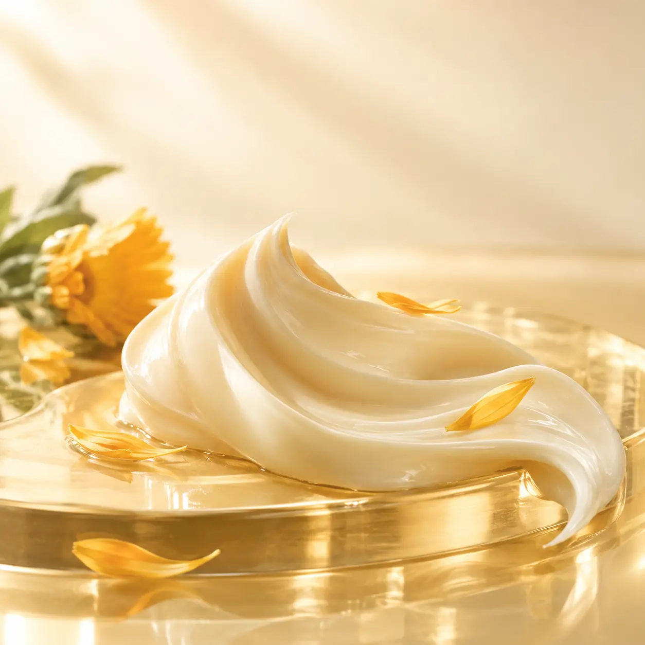 Textura blanca de una crema cosmética sobre vidrio dorado