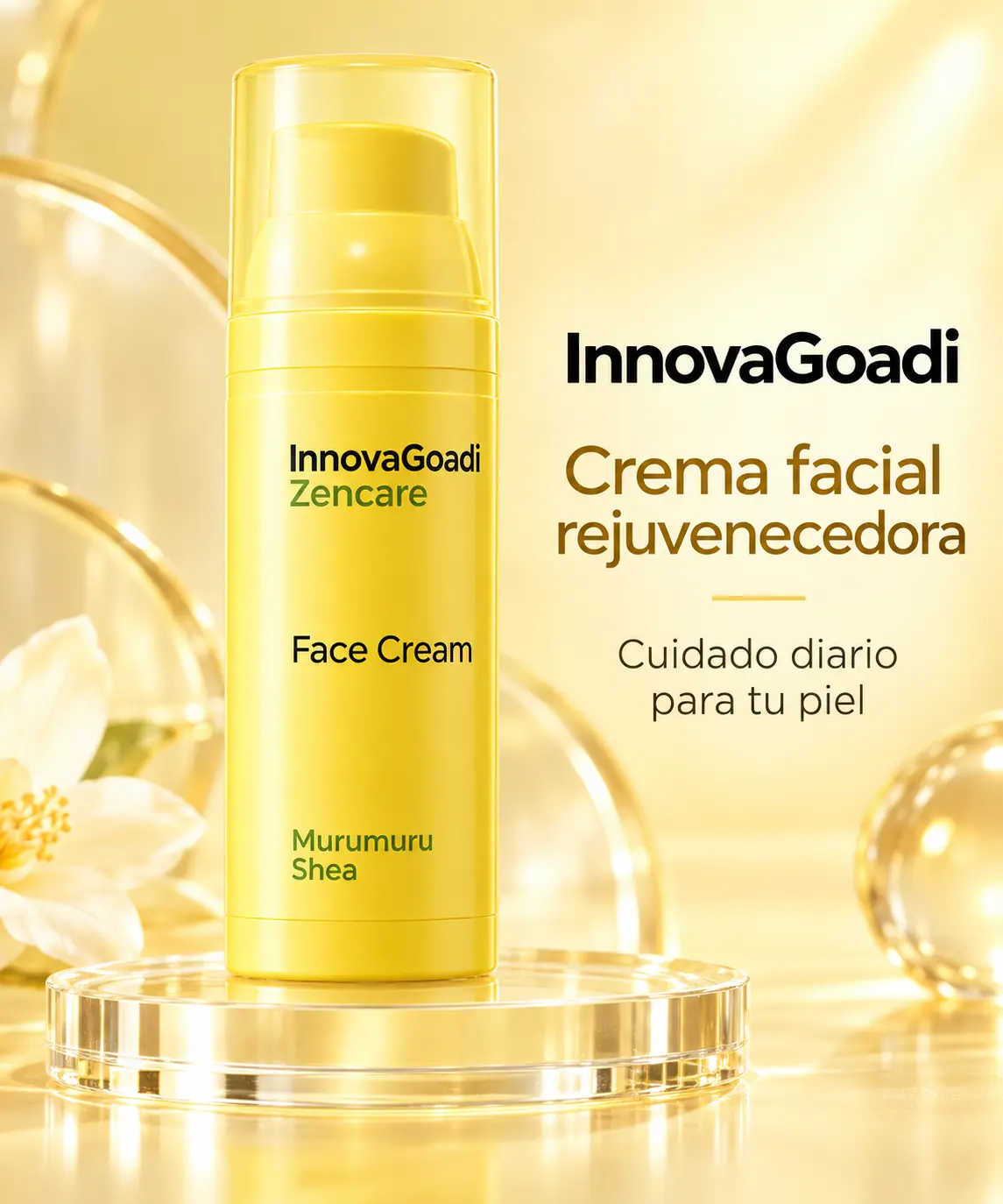 Envase de InnovaGoadi sobre una superficie crema y dorada