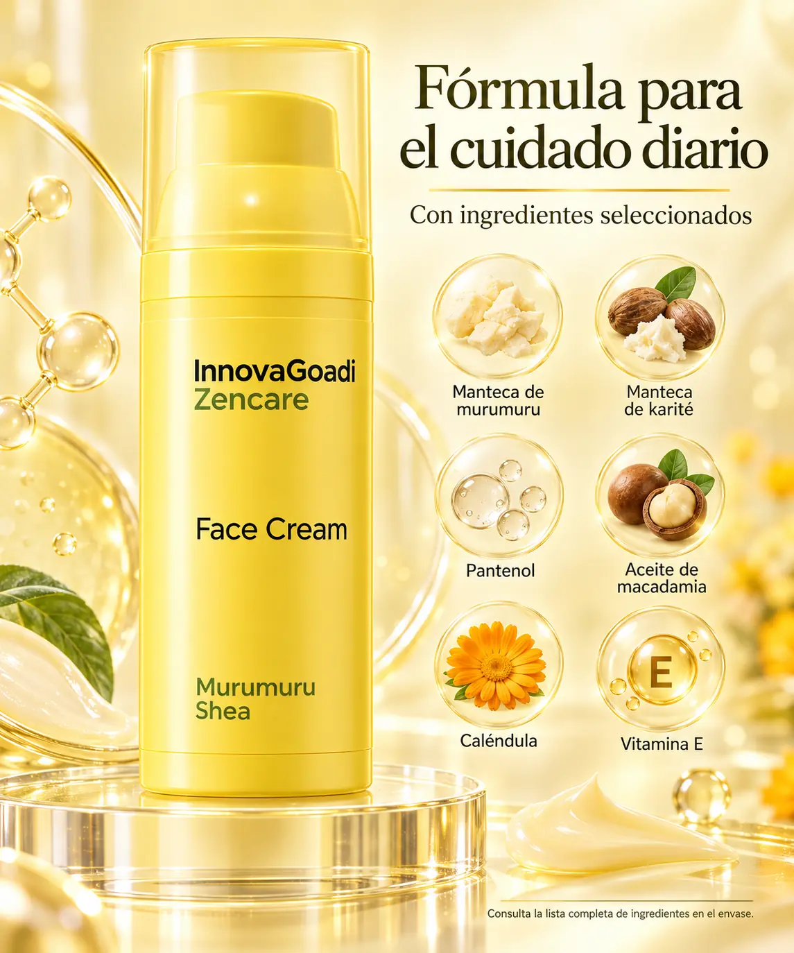 Envase de InnovaGoadi junto a ingredientes cosméticos