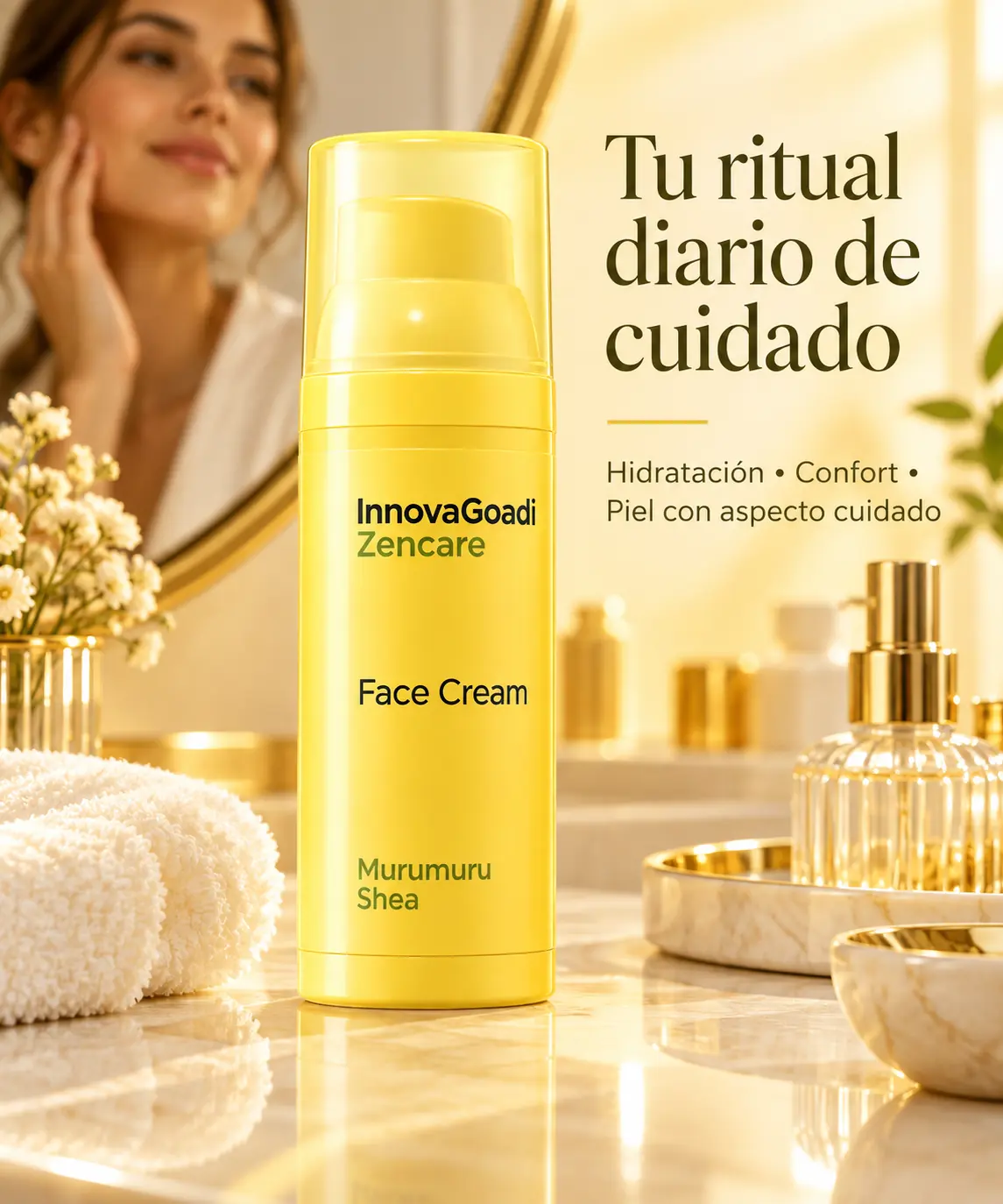 Envase de la crema cosmética facial InnovaGoadi junto a elementos de cuidado