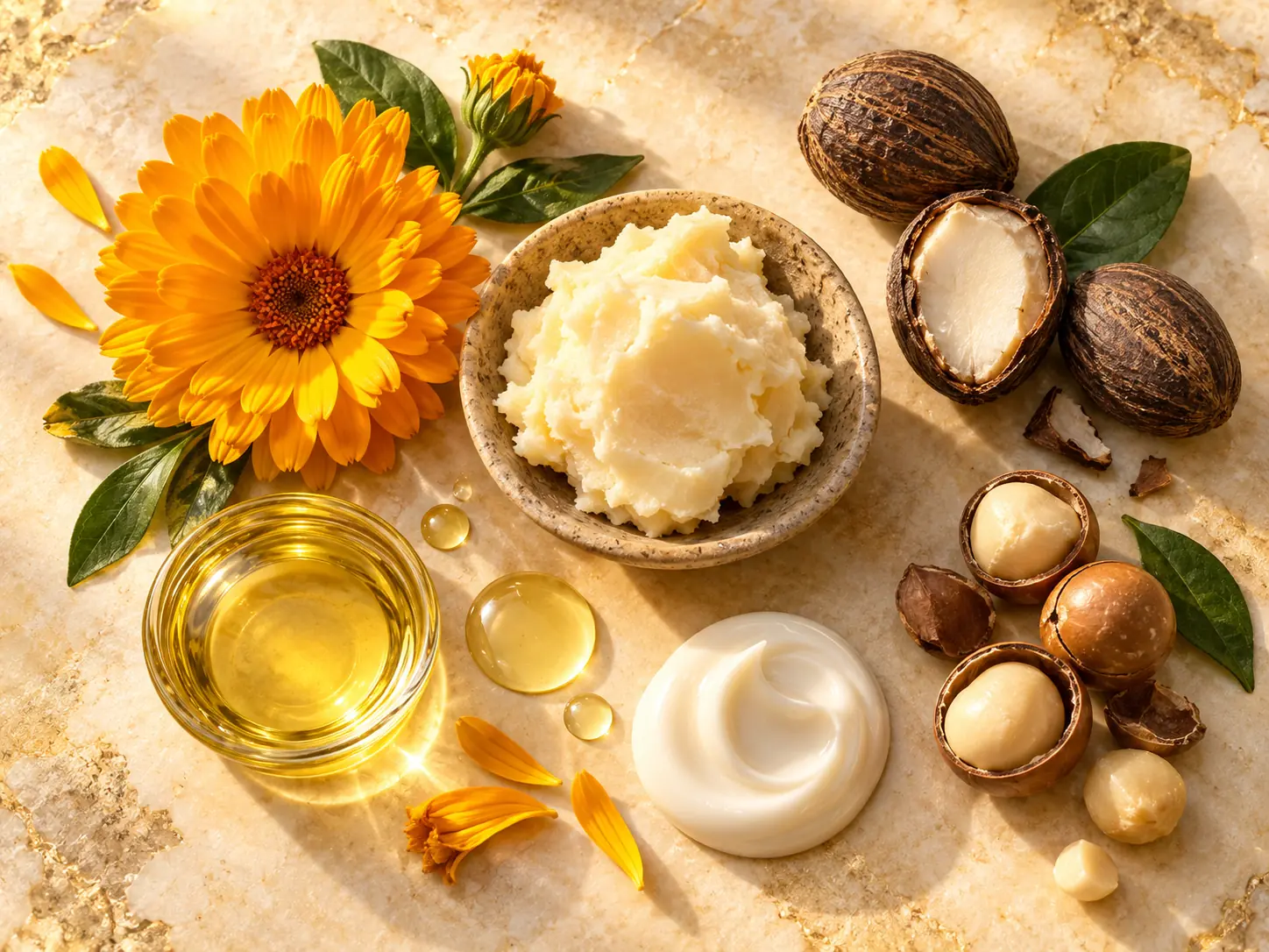 Ingredientes botánicos y elementos cosméticos sobre una superficie crema clara